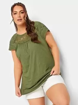 Yours Crochet T-Shirt - Khaki, Green, Size 22-24, Women