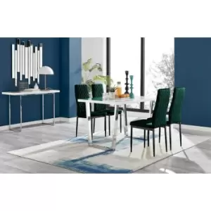 Furniturebox Kylo White High Gloss Dining Table & 4 Green Velvet Milan Dining Chairs With Black Legs