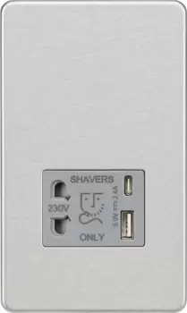 KnightsBridge Shaver socket with dual USB A+C (5V DC 2.4A shared) - brushed chrome with grey insert