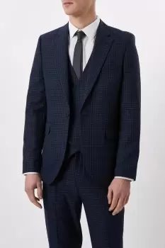 Mens Slim Fit Navy Small Scale Check Suit Jacket