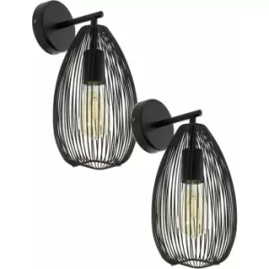 Loops - 2 pack LED Wall Light / Sconce Black Steel Wire Cage Shade 1x 60W E27 Bulb