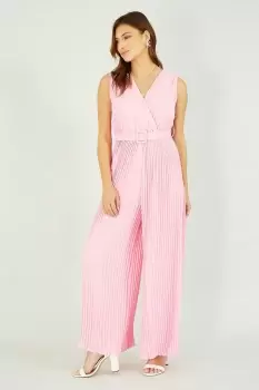 Pink Pleated Jumpsuit With Belt