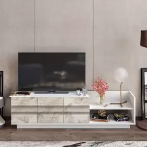 Decorotika Viano 167cm Modern TV Unit, TV Cabinet, TV Console, TV Stand With 2 Cabinets, Open Shelves - White Marble Effect And White