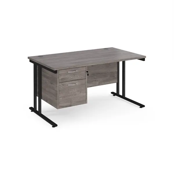 Maestro 25 straight desk 1400mm x 800mm with 2 drawer pedestal - Black cantilever leg frame, grey oak top