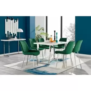 Kylo White High Gloss Dining Table & 6 Green Pesaro Silver Chairs - Green