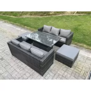 Fimous 6 Seater Outdoor Dark Grey Mixed Rattan Lounge Complete Sofa Set with Adjustable Dining Table and 2 Big Footstools