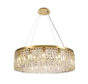 Cylindrical 80cm Ceiling Pendant Chandelier, 12 Light E14, Gold, Crystal