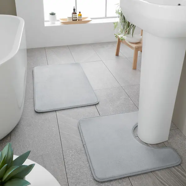 CATHERINE LANSFIELD Anti-Bacterial Memory Foam Bath Mat & Pedestal Mat Set, Silver - Catherine Lansfield BR/55661/W/BMPM/SI