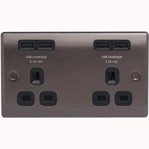 BG Nexus Metal Black Nickel 2 Gang Plug Socket with 4 x USB Outlets Black Insert 13A NBN24U44B