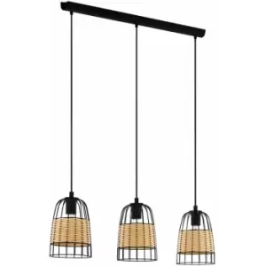 Hanging Ceiling Pendant Light Black & Wicker 3x 40W E27 Hallway Feature Lamp