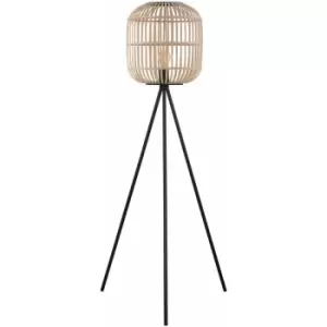 Loops - Tripod Floor Lamp Light Black & Wicker 1 x 28W E27 Bulb Tall Living Room