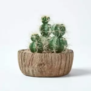 Homescapes - Echinocactus Artificial Cactus in Round Wooden Planter, 15cm Tall - Green