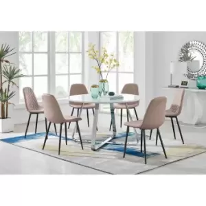 Furniture Box Santorini White Round Dining Table and 6 Cappuccino Corona Black Leg Chairs