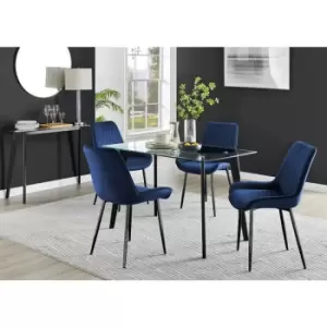 Furniturebox Malmo Rectangular Glass and Black Wooden Leg Modern Industrial Dining Table & 4 Navy Pesaro Black Leg Velvet Chairs