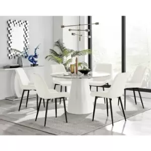 Furniturebox UK - Furniturebox Palma White Marble Effect 120cm Round Minimalist Dining Table & 6 Cream Pesaro Black Leg Velvet Chairs