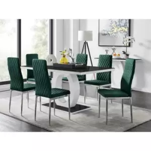 Furniturebox UK - Furniturebox Giovani 6 Black Dining Table & 6 Green Milan Velvet Dining Chairs Diamond Stitch Modern Contemporary Chrome Metal