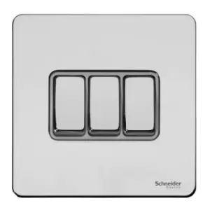 Schneider Electric Ultimate Screwless Flat Plate - 3 Gang Toggle 2 Way Light Switch, Single Pole, 16AX, GU1432WPC, Polished Chrome with White Insert