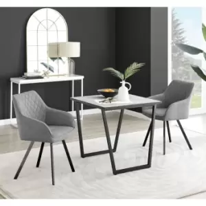 Furniturebox UK - Furniturebox Carson White Marble Effect Square Dining Table & 2 Dark Grey Falun Black Leg Fabric Chairs