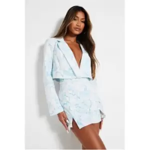 I Saw It First Blue Petite Premium Cropped Printed Blazer - Blue