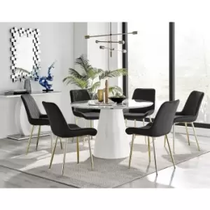 Furniturebox Palma White Marble Effect 120cm Round Minimalist Dining Table & 6 Black Pesaro Gold Leg Velvet Chairs