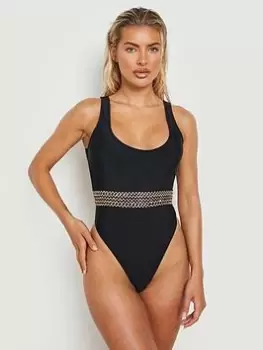 Boohoo Embellished Trim Scoop Neck Swimsuit - Black, Size 12, Women