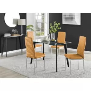 Furniturebox Malmo Rectangular Glass and Black Wooden Leg Modern Industrial Dining Table & 4 Mustard Milan Chrome Leg Faux Leather Chairs