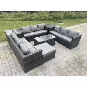 Fimous 9 Seater Outdoor Dark Grey Rattan Lounge Complete Sofa Set with Coffee Table, Side Tables and Big Footstool