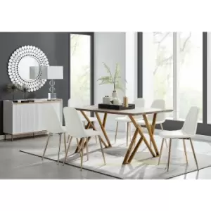 Taranto Oak Effect Dining Table and 6 White Corona Faux Leather Dining Chairs with Gold Legs Diamond Stitch - White