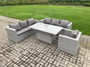 Fimous 7 Seater Outdoor Light Grey PE Rattan Lounge Sofa Complete Set with Adjustable Table