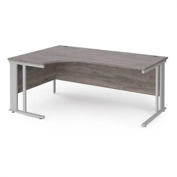 Maestro 25 left hand ergonomic desk 1800mm wide - silver cable managed leg frame, grey oak top