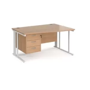 Office Desk Right Hand Wave Desk 1400mm With Pedestal Beech Top With White Frame Maestro 25 MCM14WRP3WHB