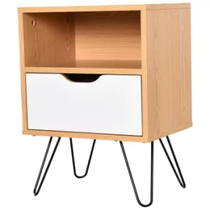 HOMCOM 54x40cm Modern Bedside Table w/ Compartment Drawer Flat Top Metal Hairpin Legs Handle Storage Unit Elevated White Natural