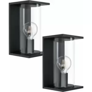 Loops - 2 pack IP54 Outdoor Wall Light Black Round Glass Lantern 40W E27 Porch Lamp