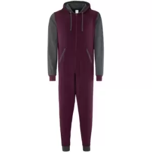 Comfy Co Adults Unisex Two Tone Contrast All-in-One Onesie (XS) (Burgundy/Charcoal)