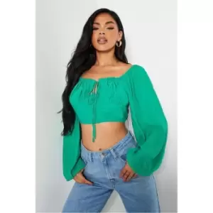 I Saw It First Linen Tie Front Balloon Sleeve Crop Top - Green