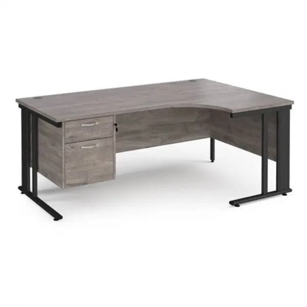 Maestro 25 right hand ergonomic desk 1800mm wide with 2 drawer pedestal - Black cable managed leg frame, grey oak top