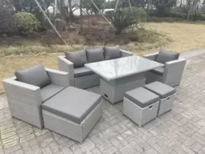 Fimous 5 Seater Outdoor Light Grey Rattan Lounge Complete Sofa Set with Adjustable Dining Table, 2 Stools and Big Footstool