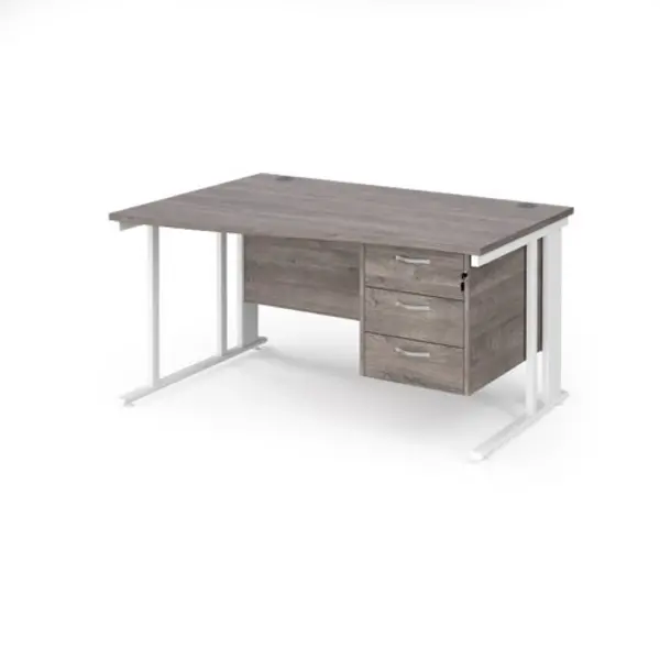 Maestro 25 left hand wave desk 1400mm wide with 3 drawer pedestal - white cable managed leg frame, grey oak top