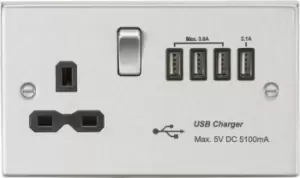 Knightsbridge 13A switched socket with quad USB charger (5.1A) - brushed chrome with Black insert - CS7USB4BC