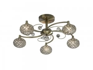 Flush Ceiling 5 Light Antique Brass, Crystal