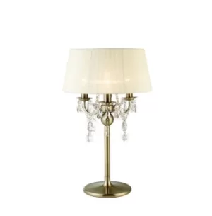 Olivia Table Lamp with Cream Shade 3 Light Antique Brass, Crystal