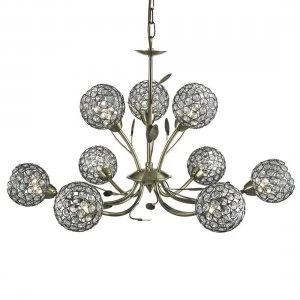 9 Light Multi Arm Ceiling Pendant Flower DesignAntique Brass, Glass Nine, G9