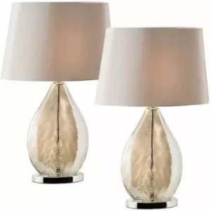 2 pack Table Lamp & Shade Gold Tinted Glass & Mink Fabric Pretty Bedside Light