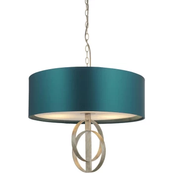 Merano Lighting - Merano Trento 3 Light Ceiling Pendant Antique Silver Leaf & Teal Satin Fabric