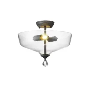 Dresden 2 Light Semi Flush Ceiling Lamp E27 With Flat Round 38cm Glass Shade Graphite, Clear