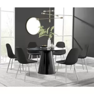 Furniturebox Palma Black Semi Gloss 120cm Round Minimalist Dining Table & 6 Black Corona Faux Leather Dining Chairs with Silver Legs Diamond Stitch