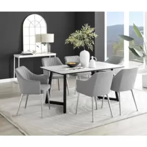 Furniturebox Carson White Marble Effect Rectangular 160cm Dining Table & 6 Grey Calla Silver Leg Velvet Chairs