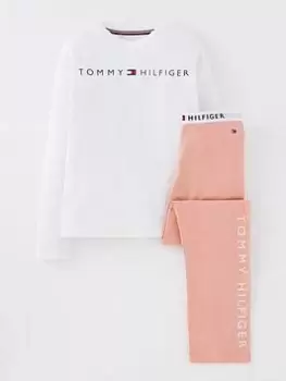 Tommy Hilfiger Girls Jersey Long Sleeve T-Shirt & Pant PJ Set - White/Rose Tan, White/Rose Tan, Size 14-16 Years, Women