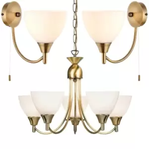 5 Lamp Ceiling & 2x Wall Light Pack Antique Brass Glass Matching Indoor Fittings