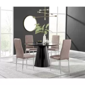 Furniture Box Palma Black Semi Gloss Round Dining Table and 4 Cappuccino Milan Chrome Leg Chairs